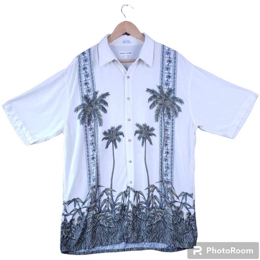 Pierre Cardin‎ Men’s Tropical Palm Tree Button-Up Hawaiian Shirt Sz Large White